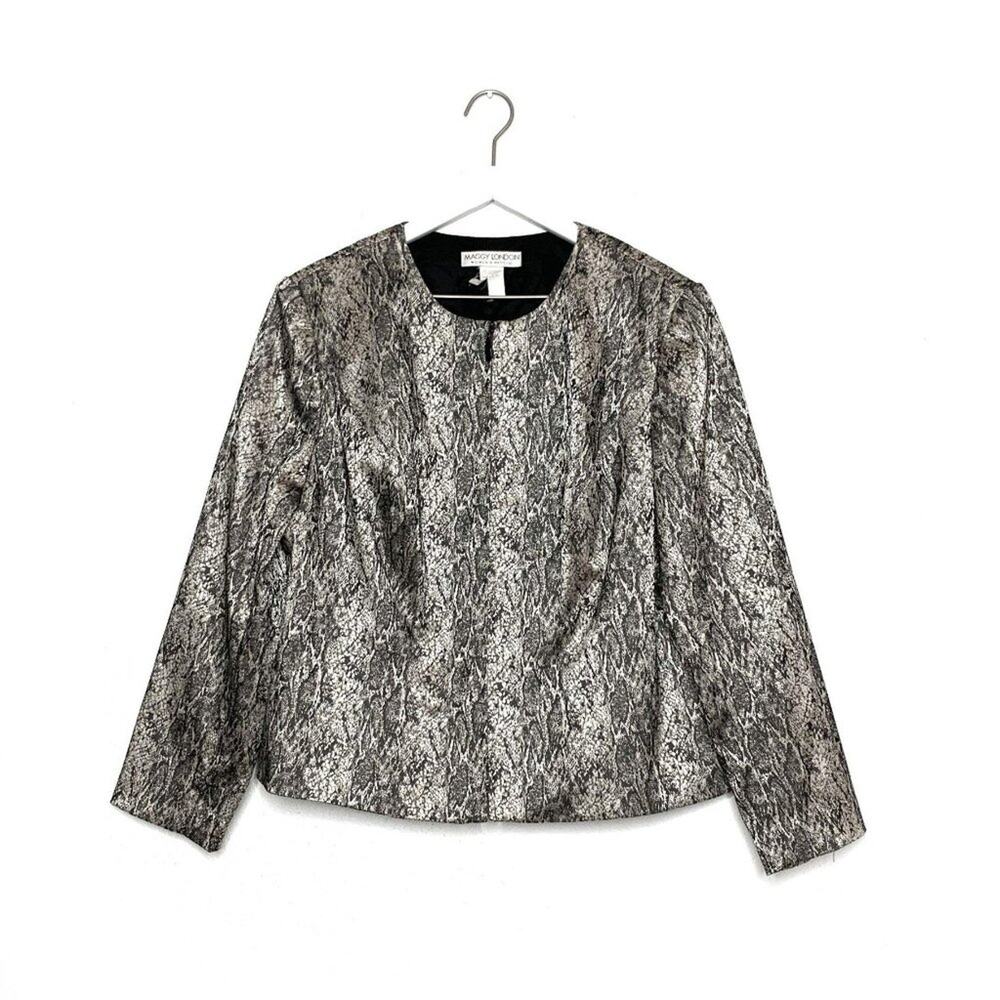 Vtg 90s Maggy London Silver Snake Print Collarless Jacket Blazer L/XL Petite